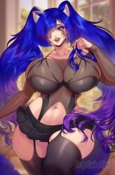 1girls big_breasts black_thighhighs blue_hair cat_ears catgirl commission cupcake992 female female_only hair_over_one_eye heart-shaped_pupils hi_res large_breasts long_hair looking_at_viewer miniskirt open_mouth purple_hair smiling smiling_at_viewer solo tattoo tattoo_under_eye thick_thighs thighhighs twintails two_tone_hair wide_hips