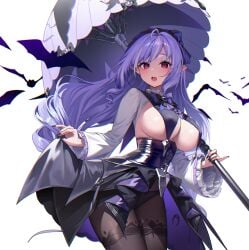 absurdres ascot ayoni_623 black_nails black_panties black_pantyhose blush bow bow_panties bowtie breast_curtains breasts drill_hair female hairband highres holding holding_umbrella large_breasts long_hair long_sleeves looking_at_viewer mole mole_under_eye open_mouth panties panties_under_pantyhose pantyhose parasol pointy_ears purple_ascot purple_bow purple_bowtie purple_hair purple_hairband purple_umbrella red_eyes simple_background solo umbrella underwear vivian_(zenless_zone_zero) vivian_banshee white_background zenless_zone_zero