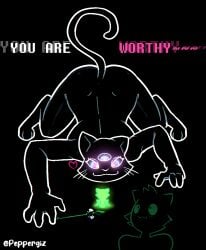 3_eyes 4_fingers anthro anthrofied ass_up cat_girl cat_god_(everhood) cat_tail dialogue forehead_eye furry giantess glowing_eyes goddess heart multi_eye peppergiz self_upload simple_background sitting size_difference smile spear tail