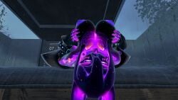 1girls black_skin female galaxy_skin jacket large_breasts laying_on_back laying_on_bed looking_at_viewer looking_pleasured lustful_gaze nails purple_areola purple_nails purple_skin see-through skeleton slime slime_girl tongue_out transparent_body visible_skeleton vr vrchat vrchat_avatar vrchat_model