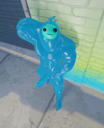 1boy abs arm_behind_head blue_skin completely_nude erection fortnite from_above full_body looking_at_viewer muscular muscular_male nude outdoors penis rippley_(fortnite) smile solo standing