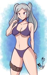artist_name bangs bikini breasts cleavage closed_mouth collarbone cowboy_shot female grey_hair large_breasts long_hair looking_at_viewer navel o-ring o-ring_bikini parted_bangs pink_eyes purple_bikini purple_eyes purple_swimsuit red_eyes robin_(fire_emblem) robin_(fire_emblem)_(female) shiny signature silver_hair smile solo standing swimsuit thigh_strap twintails underboob white_hair