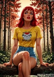 ai_generated autumn bangs barefoot blue_eyes blue_shorts breasts clothing crossed_legs day denim denim_shorts english_text evening eyelashes feet female female female_only forest freckles grass jousneystudio leaf legs lips lipstick long_hair makeup marvel marvel_comics mary_jane_watson mary_jane_watson_(spider-man:_the_animated_series) medium_breasts nature nose original outdoors parted_lips plant print_shirt red_hair red_lips shirt short_shorts short_sleeves shorts sitting smile solo spider-man:_the_animated_series spider-man_(series) sunset t-shirt teeth text thighs tree yellow_shirt