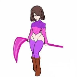 bete_noire betty_noire boots brown_boots brown_hair glitchtale gohsf503 hair_covering_one_eye panties pink_sweater purple_sweater purple_thighhighs scythe short_hair sweater thighhighs white_background
