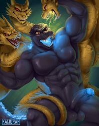 abs anthro balls big_muscles blush dragon duo erection fight genitals godzilla godzilla_(series) hi_res humanoid_genitalia humanoid_penis kaiju kaijurah king_ghidorah male male/male muscular muscular_anthro muscular_male mythological_creature mythological_scalie mythology navel open_mouth pecs penis reptile scalie toho