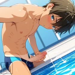 1boy 1male balls_bulge blush blush blushing_at_viewer boner brown_hair cock cum cumming dick erect_penis erection looking_at_viewer male male_only masturbation nude nudity outdoor_masturbation outdoors outside penis penis_grab solo solo_male solo_male underwear_only