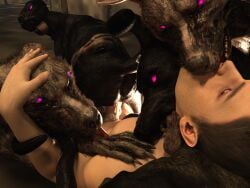 4:3 barelymediocr3d bite bodily_fluids canid canine canis cerberus_(resident_evil) cum cum_in_pussy cum_inside domestic_dog female feral forced gangbang genital_fluids group group_sex hi_res human kissing male male/female mammal neck_bite rape reverse_gangbang sex