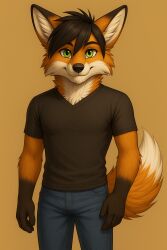 1boy ai_generated anthro before_and_after before_transformation black_hair black_nose black_skirt black_tipped_ears body_markings deviantart dipstick_tail fox fox_boy furry green_eyes looking_at_viewer male muscular muscular_male neck_tuft orange_body orange_fur pants sekaithefox short_hair smile smiling_at_viewer tan_fur two_tone_body two_tone_fur worldfan2020 yellow_background