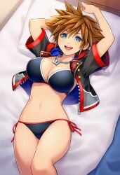 1girls ai_generated bed bikini blue_eyes breasts brown_hair female genderswap_(mtf) kingdom_hearts large_breasts lying lying_on_bed necklace pillow rule_63 short_hair sora_(kingdom_hearts) spiked_hair square_enix