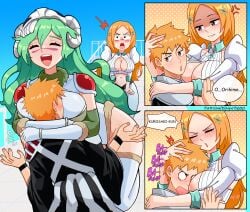 1boy 2girls bleach bleach:_the_thousand-year_blood_war cleavage cleavage_cutout green_hair head_between_breasts ichigo_kurosaki inoue_orihime long_hair nelliel_tu_odelschwanck orange_hair tagme