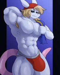 abs alien anthro armpit_hair ayetae-plum biceps big_bulge big_muscles black_sclera blonde_hair blue_background blue_eyes bodily_fluids body_hair bulge clothed clothing earthbound_(series) furgonomic_hat furgonomic_headwear furgonomics furrowed_brow gieeg gradient_background hair half-closed_eyes hat headgear headwear hi_res jockstrap long_tail male mother:_cognitive_dissonance muscular muscular_anthro muscular_male narrowed_eyes neck_muscles niiue nintendo obliques pecs pillarbox pink_tail portrait quads removing_shirt serratus shirt simple_background solo sweat tail taking_off_shirt three-quarter_portrait topwear underwear undressing undressing_self white_body white_skin