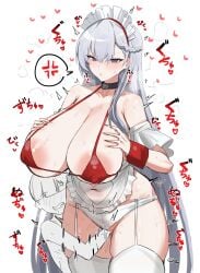 1boy 1girls age_difference angry_expression apron azur_lane belfast_(azur_lane) belfast_(blissful_service)_(azur_lane) big_breasts female fingering heart horn/wood japanese_text kneehighs maid maid_headdress male masturbation netorare nipple_bulge ntr onomatopoeia panting tagme tits white_hair