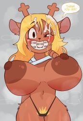 anthro big_breasts blonde_hair bodily_fluids braces breasts brown_body brown_fur clothed clothing clothing_lift crushpepper cum cum_on_face deer deltarune deltarune_tomorrow female front_view fur genital_fluids hair hi_res huge_breasts looking_at_viewer mammal new_world_deer noelle_holiday one_eye_closed pubes reindeer shirt shirt_lift solo tagme thong topwear undertale_(series) underwear