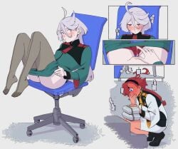 2girls accidental_circumstance ahoge artist_name blue_eyes blush close-up color comic covering_mouth curly_hair female female_pubic_hair finger_fuck fingering fingering_self fully_clothed grey_eyes gundam gundam_suisei_no_majo hairband half-closed_eyes hiding higher_resolution_available ink_gmbt lighting long_hair looking_back looking_down looking_pleasured masturbation miorine_rembran pants_pull partially_clothed peeping ponytail pubic_hair pussy_juice pussy_juice_string red_hair school_uniform sitting sitting_on_chair suletta_mercury sweatdrop thighhighs tied_hair trimmed_pubic_hair undressing unseen_female_face vaginal_masturbation watermark white_background white_hair wide_eyed