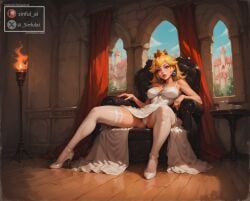 1girls ai_generated aisinful big_breasts blonde_hair breasts female female_only gooning hi_res high_heels huge_breasts lace lace-trimmed_thighhighs lace_trim large_breasts mario_(series) mommy princess_peach solo sundress super_mario_bros. thick_thighs thighhighs thighs thong wide_hips