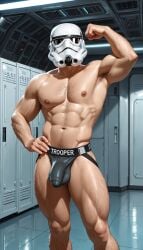 1boy ai_generated areola areolae balls_outline big_bulge big_pecs black_jockstrap bulge detailed_background flexing flexing_arms flexing_bicep futuristic helmet helmet_only high_tech jockstrap jockstrap_only locker locker_room lockers male male_focus male_only muscular muscular_arms muscular_legs muscular_male naked naked_male nipples nude nude_male pecs pectorals penis_outline posing solo star_wars stormtrooper
