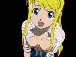 animated blonde_hair blue_eyes breasts female female_only fullmetal_alchemist hair human long_hair lowres nipples solo winry_rockbell