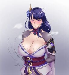 beauty_mark beauty_mark_under_eye big_breasts blush blushing_at_viewer blushing_female cleavage curvy embarrassed embarrassed_female female female_focus female_only genshin_impact hair_flower hair_ornament hands_behind_back hiding_object japanese_clothes japanese_clothing katana kimono light-skinned_female lightning long_hair magic magic_user mihoyo mole_under_eye obi open_mouth purple_eyes purple_hair raiden_ei raiden_shogun sweaty sword unsheathing_sword video_game_character video_games yonda545