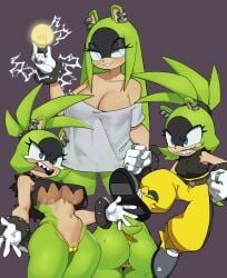 anthro ass blue_eyes breasts cameltoe casual clothing ear_piercing exposed_torso female flowerpigeon73 footwear green_body green_hair hair handwear hi_res idw_comics idw_publishing mammal mobian_(species) multiple_views piercing sega shoes simple_background solo sonic_(series) sonic_the_hedgehog_(comics) sonic_the_hedgehog_(idw) sonic_the_hedgehog_(series) surge_the_tenrec tenrec thong wristwear