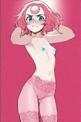 ai_assisted ai_generated arms_behind_head blue_eyes blue_nipples blush blush_lines female female_only flustered gem_(species) hairless_pussy half_naked legwear lingerie nipples pale-skinned_female pale_skin pearl_(steven_universe) pink_background pink_hair pink_legwear pink_lingerie pussy short_hair slender_body small_breasts steven_universe stockings topless topless_female uncensored