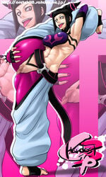 abs baggy_pants barefoot belt black_hair capcom censored elbow_gloves female female_only fingerless_gloves gloves highres human juri_han leg_up no_bra open_mouth oreteki pink_toenails purple_eyes pussy short_hair solo straight_hair street_fighter street_fighter_iv super_street_fighter_iv tongue zoom_layer