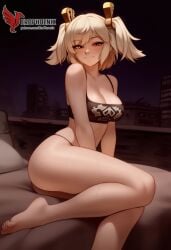 1girls 2d ai_generated ass back bangs bare_shoulders barefoot big_ass big_breasts black_panties blonde_hair burnice_white cleavage dress erophoenix feet female female_focus full_body long_hair looking_at_viewer navel pale_skin pale_skinned_female panties patreon_username red_eyes sitting skirt smile soles solo sports_bra thick thick_thighs toes twintails uncensored underwear zenless_zone_zero
