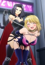 ai_generated arms_behind_back arms_tied arms_tied_behind_back battletoads birdawg16 black_hair blonde_hair bondage cape chain_leash dark_queen eastern_and_western_character elbow_gloves female female/female female_only leash leash_and_collar leash_pull leotard lezdom lezsub love_after_world_domination magahara_desumi motion_lines pounding_pussy secretly_loves_it shaking spiked_knee_pads strap-on strapon strapon_in_pussy thrusting_into_pussy tremble_lines trembling villainess yuri