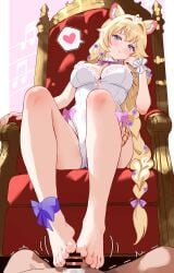 1boy :3 absurdres ahoge animal_ears ankle_bow bar_censor barefoot blonde_hair blue_eyes blush bow braid breasts censored cleavage commission cum ejaculation feet female flower footjob guinea_pig_girl hair_flower hair_ornament head_on_hand head_rest heart heart_ahoge highres indie_virtual_youtuber knee_blush kyoichi leotard long_hair looking_at_viewer male medium_breasts motion_lines musical_note on_throne penis pov sitting skeb_commission sopralto spoken_heart straight throne toes trembling two-footed_footjob very_long_hair virtual_youtuber white_leotard wrist_cuffs