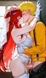 1boy 1female 1girl ai ai_generated big_penis blonde_hair breasts closed_eyes crossover female high_school_dxd huge_cock jewelry kiss kissing large_breasts lingerie long_hair male naruto nipples no_panties red_hair rias_gremory sex short_hair straight tiara uzumaki_naruto vaginal_penetration vaginal_sex white_bra white_gloves