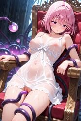 1girls ai_generated blusti bound female momo_velia_deviluke pink_hair purple_eyes pussy pussy_juice sexy short_hair solo succubus tentacle to_love-ru to_love-ru_darkness transparent_clothing