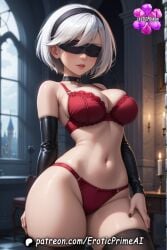 2b ai_generated big_breasts big_thighs bikini bikini_bottom bikini_top black_blindfold blindfold choker cleavage curvy curvy_figure eroticprimeai hips lingerie lingerie_only pale_skin patreon_username short_hair stockings toned toned_female white_hair wide_hips yorha_2b