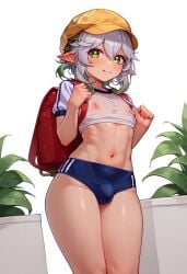 1boy 1femboy 2024 ai_generated bag balls belly bloomers blue_bloomers bulge crossdressing erect_nipples femboy feminine_male genderswap genderswap_(ftm) genshin_impact girly green_hair kindergarten_bag kindergarten_uniform looking_at_viewer male nahida_(genshin_impact) navel nipples nipples_visible_through_clothing otoko_no_ko pointy_ears red_bag rule_63 school_hat simple_background solo standing testicles thighs trap yellow_hat