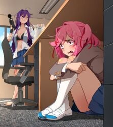 2girls bandage bandaged_arm bandages bandaid doki_doki_literature_club female female_only khyleri kiss_mark kiss_mark_on_cheek kiss_mark_on_thigh meme natsuki_(doki_doki_literature_club) pride_month scared yuri yuri_(doki_doki_literature_club)
