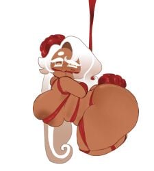 big_ass big_breasts bondage chubby_female cookie_run cookie_run_kingdom curvy_female flustered latte_cookie_(cookie_run) looking_at_viewer magpiered mature_female ribbon_bondage ribbons