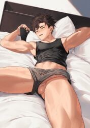 1boy abs armpits arms_up balls balls_out bed bedroom biceps big_penis blush boxers brown_hair cellphone closed_eyes curved_penis dutch_angle erection erection_under_clothes eyelashes foreskin gay hands_behind_head hi_res holding_object holding_phone huge_cock long_penis lying lying_on_back lying_on_bed male male_only mature_male morning_wood muscles muscular muscular_arms muscular_legs muscular_male muscular_thighs navel nayoshi_(r-744) no_body_hair original original_character pecs penis pillow quadriceps retracted_foreskin short_hair sleeping smartphone spread_legs sweat sweatdrop sweating sweaty tanktop thick_penis triceps uncensored uncircumcised uncut underwear veiny_penis wet_dream yaoi young