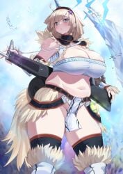 1girls aa-12_(girls'_frontline) ahoge armor bags_under_eyes bikini_armor blonde_hair blue_eyes blunt_bangs breasts curvy fat girls'_frontline gun kirin_(armor) kirin_(monster_hunter) large_breasts monster_hunter navel plump shio05_(05_sio) shotgun skindentation solo thick_thighs thighs weapon