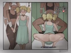 anthro anus ass bathroom blonde_hair brown_body brown_fur clothed clothing crop_top dress duo fellatio female female_human female_on_anthro femboy flip_flops footwear fur generation_6_pokemon genitals hair hand_holding hi_res human human_on_anthro interspecies lagomorph leggings legwear long_ears male male/female male_anthro male_on_human mammal mega_evolution mega_lopunny nintendo no_underwear oral penile pokemon pokemon_(species) pokephilia public_restroom pussy sandals sex shirt shoes spread_legs spreading stopych sundress toilet topwear torn_clothing torn_leggings torn_legwear twintails vulva