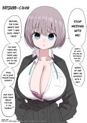black_cardigan blue_eyes bob_cut botsuko-chan_(zurikishi) bra breasts cardigan cleavage facing_viewer female grey_hair hand_in_pocket highres huge_breasts lace lace-trimmed_bra lace_trim looking_at_viewer original pink_bra shirt short_hair simple_background solo speech_bubble translated underwear upper_body white_background white_shirt zurikishi