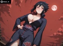 ai_generated big_ass big_breasts black_hair blus from_below futa_focus futa_only futanari hands_on_hips intersex kikia1 large_areolae large_breasts looking_at_viewer naruto naruto_shippuden outdoors penis red_eyes round_breasts sasuke_uchiha spiked_hair standing