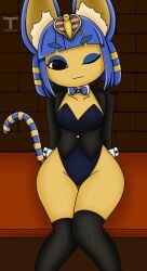 ankha ankha_(animal_crossing) black_eyes black_jacket black_socks blue_hair bunny_costume bunnysuit cat_ears cat_tail catgirl eyeliner furry furry_ears furry_female furry_tail hair_ornament thighs tony_x_play tonyxplay yellow_skin