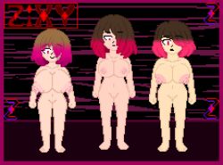 3girls bete_noire betty_noire big_breasts big_nipples black_background brown_hair female glitchtale medium_hair naked nipples nude pink_background pink_eyes pink_hair pixel pixel_(artwork) pixel_art pussy red_background red_eyes red_hair short_hair small_boobs small_breasts zixy