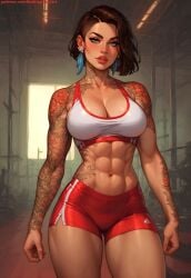 1female 1girl abs ai_generated athletic athletic_female belly_button big_breasts bike_shorts bob_cut breasts brown_hair brunette_hair cleavage earrings feather_earrings female female_only fit fit_female girl green_eyes gym_clothes gym_shorts gym_uniform large_breasts looking_at_viewer lustful_gaze medium_breasts muscular muscular_abs muscular_female navel oc pussy_bulge redbisycle seductive seductive_eyes seductive_look sports_bra sports_shorts sportswear tattoo tattoo_on_arm tattoo_on_neck tattoo_on_shoulder tattoo_on_side tattooed_arm tattoos thick_thighs thigh_gap toned toned_arms toned_back toned_belly toned_body toned_female toned_legs toned_stomach undercut vagina_outline yoga_pants yoga_shorts