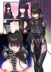 3girls absurdres arms_behind_back ball_gag beret black_gloves black_hair black_serafuku blue_archive blunt_bangs blush bodysuit bound bound_arms breasts censored commentary_request fellatio female futanari gag gloves gun hair_over_eyes halo hat hiememiko highres holding holding_gun holding_weapon holster intersex justice_task_force_member_(blue_archive) large_breasts large_penis licking licking_penis long_hair multiple_girls nipples oral penis ponytail red_eyes ringed_eyes rio_(blue_archive) rio_(bodysuit)_(blue_archive) school_uniform serafuku smile thigh_holster tongue tongue_out very_long_hair weapon