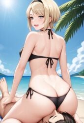 ai_generated ass beach black_bikini blonde_female blonde_hair blue_eyes nier nier:_automata on_back operator_21o short_hair sitting sitting_down smile