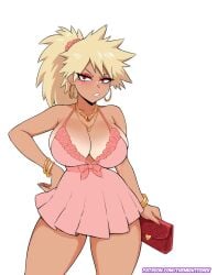 1girls 2d 2d_(artwork) arm_bracelet artist_name bakugou_katsuki big_breasts blonde_female blonde_hair blush boku_no_hero_academia breasts cleavage clothed clothes clothing color colored digital_media digital_media_(artwork) dress ear_piercing earrings eyes_open female female_bakugou female_focus female_only feminine genderswap_(mtf) hair_tie hand_on_hip hi_res highres holding_object holding_purse jewelry katsuki_bakugou large_breasts my_hero_academia necklace no_bra no_bra_under_clothes painted_nails patreon patreon_username piercing piercings pink_clothing pink_dress pink_nails ponytail purse red_eyes red_purse request ribbon rule_63 shounen_jump solo solo_female solo_focus spiky_hair tan tan_body tan_skin themightfenek thick_thighs thigh_up thighs white_background