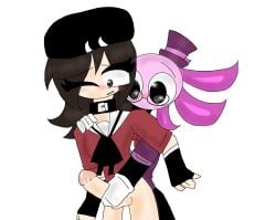 1boy1futa axolotl black_bowtie black_collar black_hat brown_hair cum_dripping_from_penis fingerless_gloves futanari glasses intersex kinito kinito_the_axolotl kinitopet male original_character pink_hat red_bowtie red_shirt rolled_up_sleeves stroking_penis surprised white_gloves