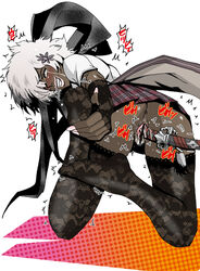 anus ass censored dark-skinned_female dark_skin ganguro hair_over_one_eyes insertion koshijima_kazutomo legwear lingerie lowres no_more_heroes no_panties open_mouth pubic_hair pussy shinobu_jacobs short_hair skirt stockings suda_51 sword tears thighhighs underwear waist00 weapon white_hair