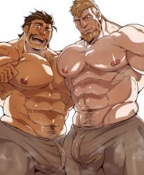 abs alois_rangeld bara beard biceps blonde_hair braided_hair breasts brown_hair bulge bulge_through_clothing defined_muscles dilf duo duo_male facial_hair fire_emblem fire_emblem:_three_houses happy_trail high_resolution jeralt_reus_eisner kaeru333938123 large_breasts large_pecs large_pectorals moustache muscles muscular muscular_male musk musk_clouds nipples no_visible_genitalia open_mouth partially_clothed penis_bulge pubes pubic_hair scar scar_on_cheek scar_on_face short_hair simple_background smile smiling smirk sweaty sweaty_body sweaty_pecs topless underwear_only wink winking yaoi