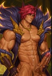 ai_generated bara big_muscles completely_nude cum league_of_legends male_only masturbation muscular muscular_male sett