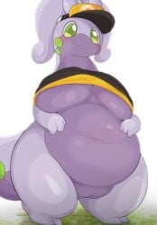 absurd_res anthro artist_name big_breasts bodily_fluids breasts digital_media_(artwork) english_text female generation_6_pokemon genitals goodra hi_res holowear_(pokemon) huge_breasts huge_thighs mammal nintendo nude pokemon pokemon_(species) pokemon_unite pussy simple_background smile solo tail text thick_thighs type wide_hips